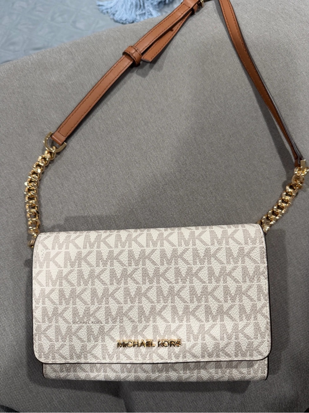 Michael Kors Beige MK Logo Crossbody with Gold Chain